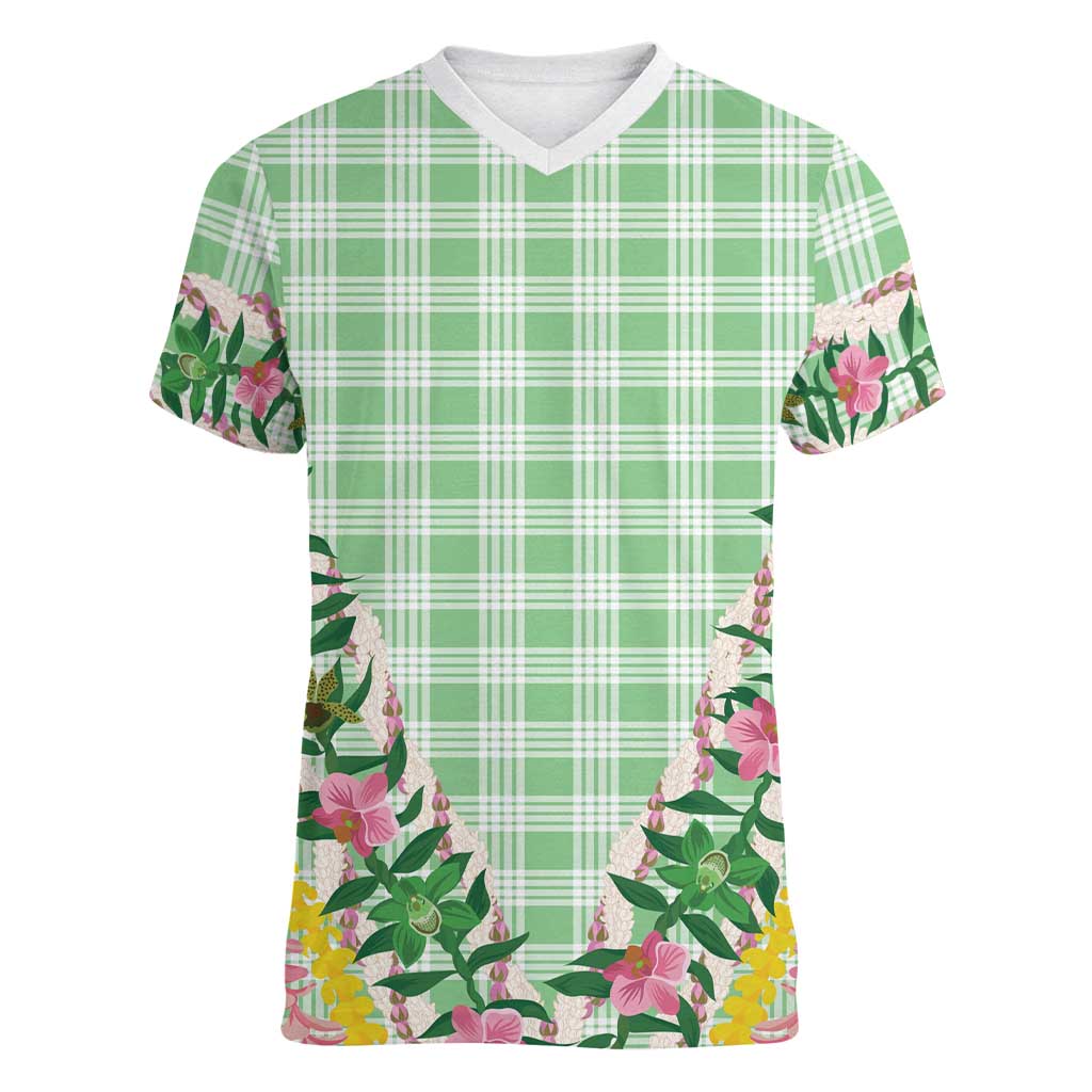 Hawaii Pikake Lokelani Plumeria Lei Women V-Neck T-Shirt Green Palaka Motifs
