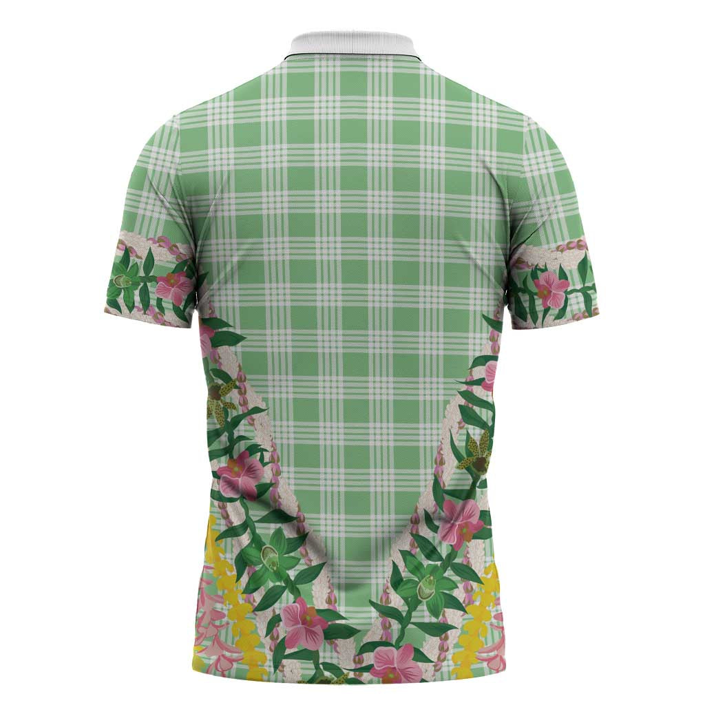 Hawaii Pikake Lokelani Plumeria Lei Zipper Polo Shirt Green Palaka Motifs