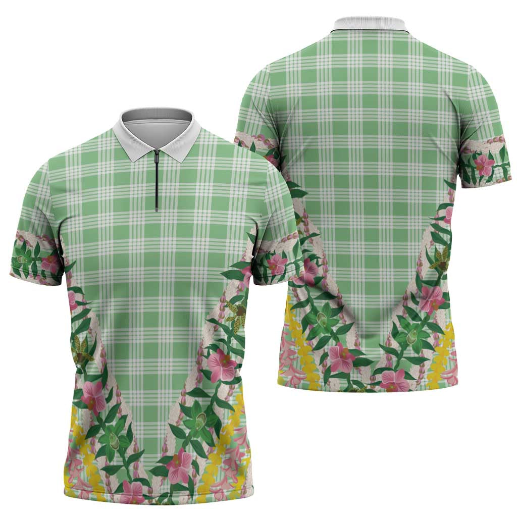 Hawaii Pikake Lokelani Plumeria Lei Zipper Polo Shirt Green Palaka Motifs