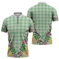 Hawaii Pikake Lokelani Plumeria Lei Zipper Polo Shirt Green Palaka Motifs