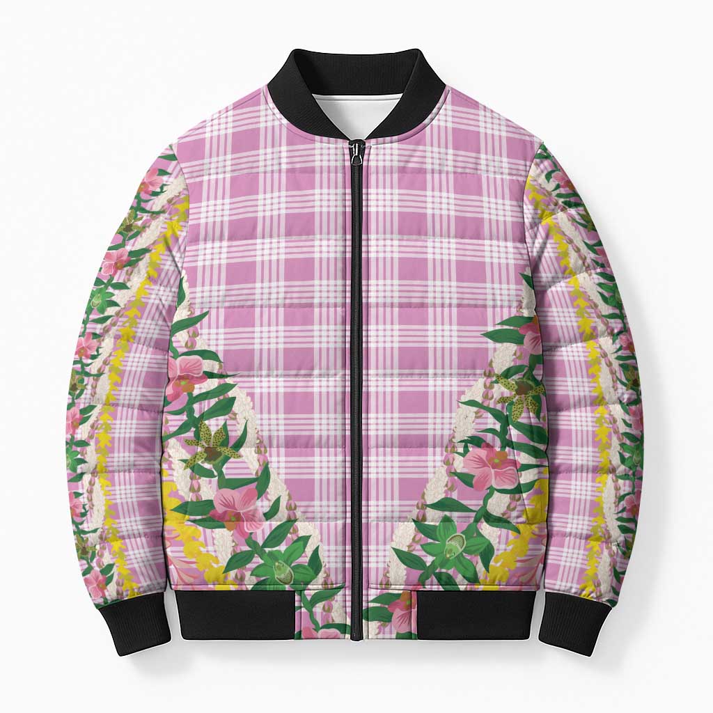 Hawaii Pikake Lokelani Plumeria Lei Bomber Puffer Jacket Pink Palaka Motifs