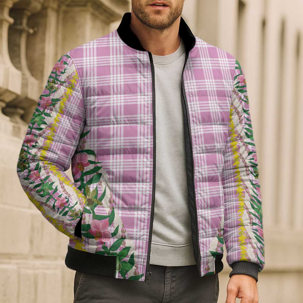 Hawaii Pikake Lokelani Plumeria Lei Bomber Puffer Jacket Pink Palaka Motifs