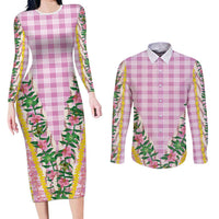 Hawaii Pikake Lokelani Plumeria Lei Couples Matching Long Sleeve Bodycon Dress and Long Sleeve Button Shirt Pink Palaka Motifs