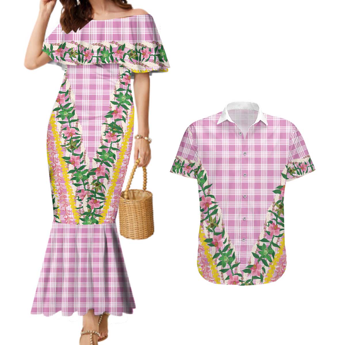 Hawaii Pikake Lokelani Plumeria Lei Couples Matching Mermaid Dress and Hawaiian Shirt Pink Palaka Motifs