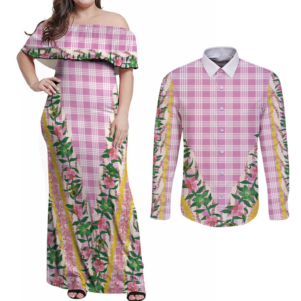 Hawaii Pikake Lokelani Plumeria Lei Couples Matching Off Shoulder Maxi Dress and Long Sleeve Button Shirt Pink Palaka Motifs