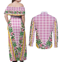 Hawaii Pikake Lokelani Plumeria Lei Couples Matching Off Shoulder Maxi Dress and Long Sleeve Button Shirt Pink Palaka Motifs
