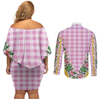 Hawaii Pikake Lokelani Plumeria Lei Couples Matching Off Shoulder Short Dress and Long Sleeve Button Shirt Pink Palaka Motifs