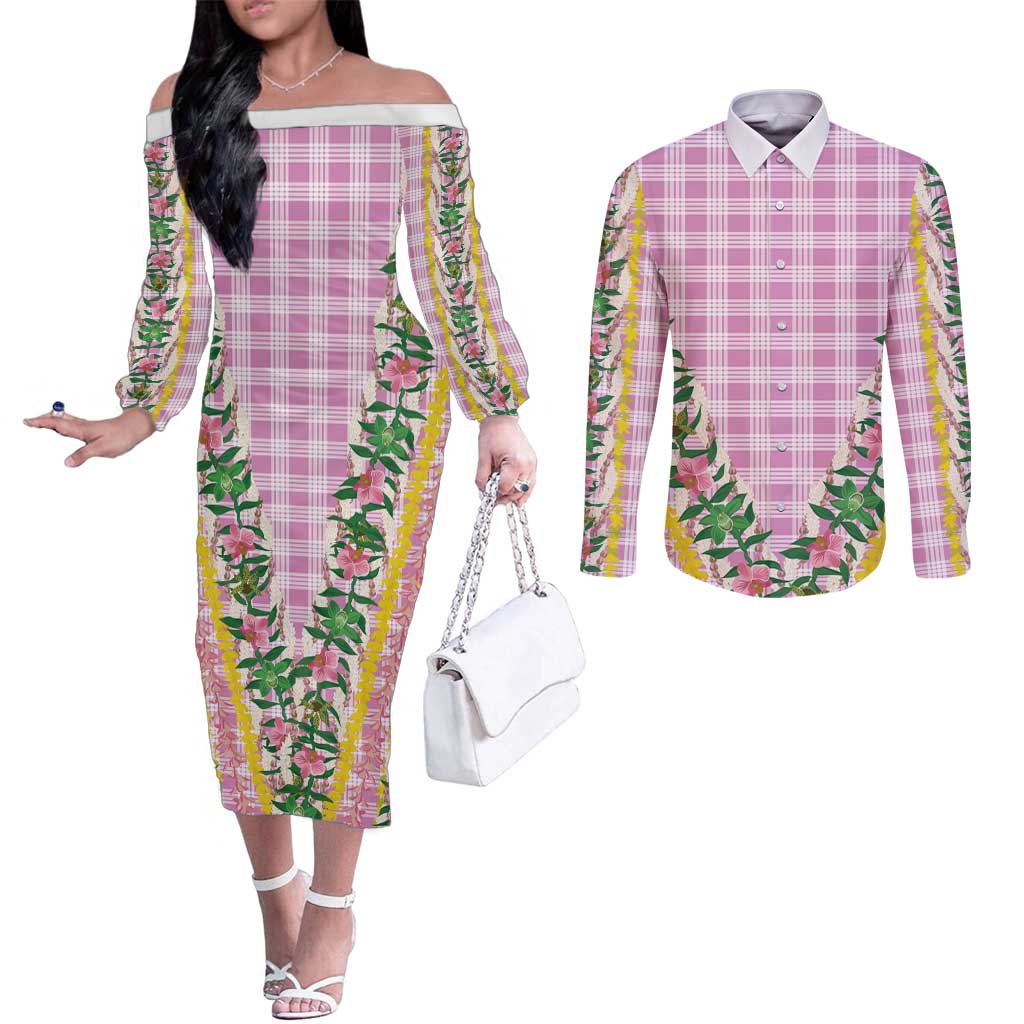 Hawaii Pikake Lokelani Plumeria Lei Couples Matching Off The Shoulder Long Sleeve Dress and Long Sleeve Button Shirt Pink Palaka Motifs