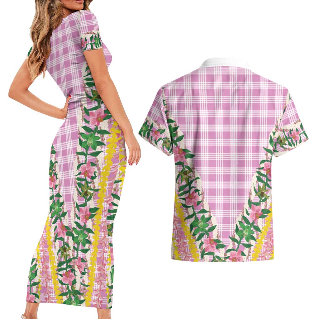 Hawaii Pikake Lokelani Plumeria Lei Couples Matching Short Sleeve Bodycon Dress and Hawaiian Shirt Pink Palaka Motifs