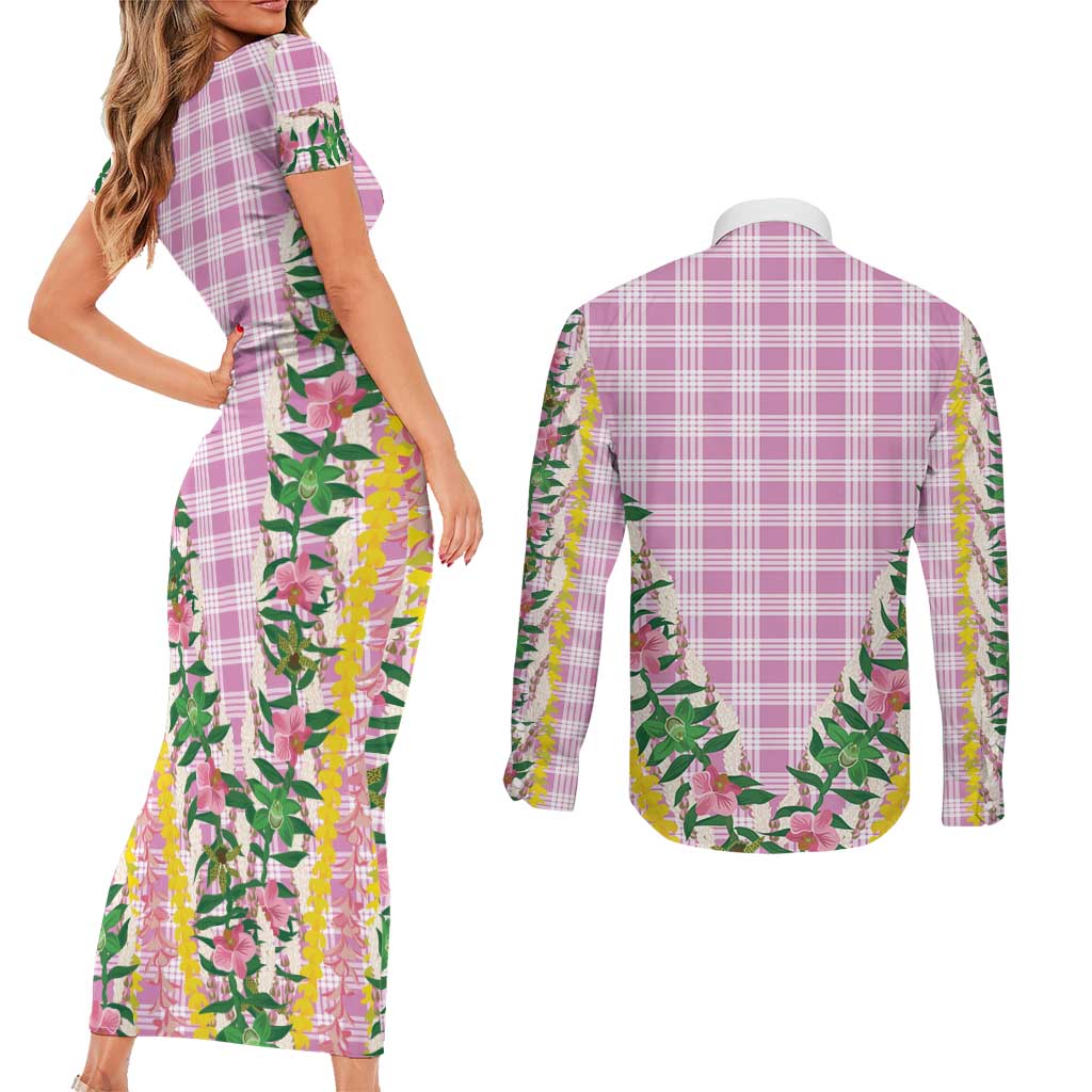 Hawaii Pikake Lokelani Plumeria Lei Couples Matching Short Sleeve Bodycon Dress and Long Sleeve Button Shirt Pink Palaka Motifs
