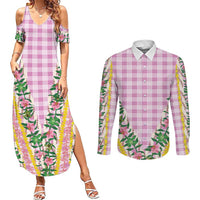 Hawaii Pikake Lokelani Plumeria Lei Couples Matching Summer Maxi Dress and Long Sleeve Button Shirt Pink Palaka Motifs