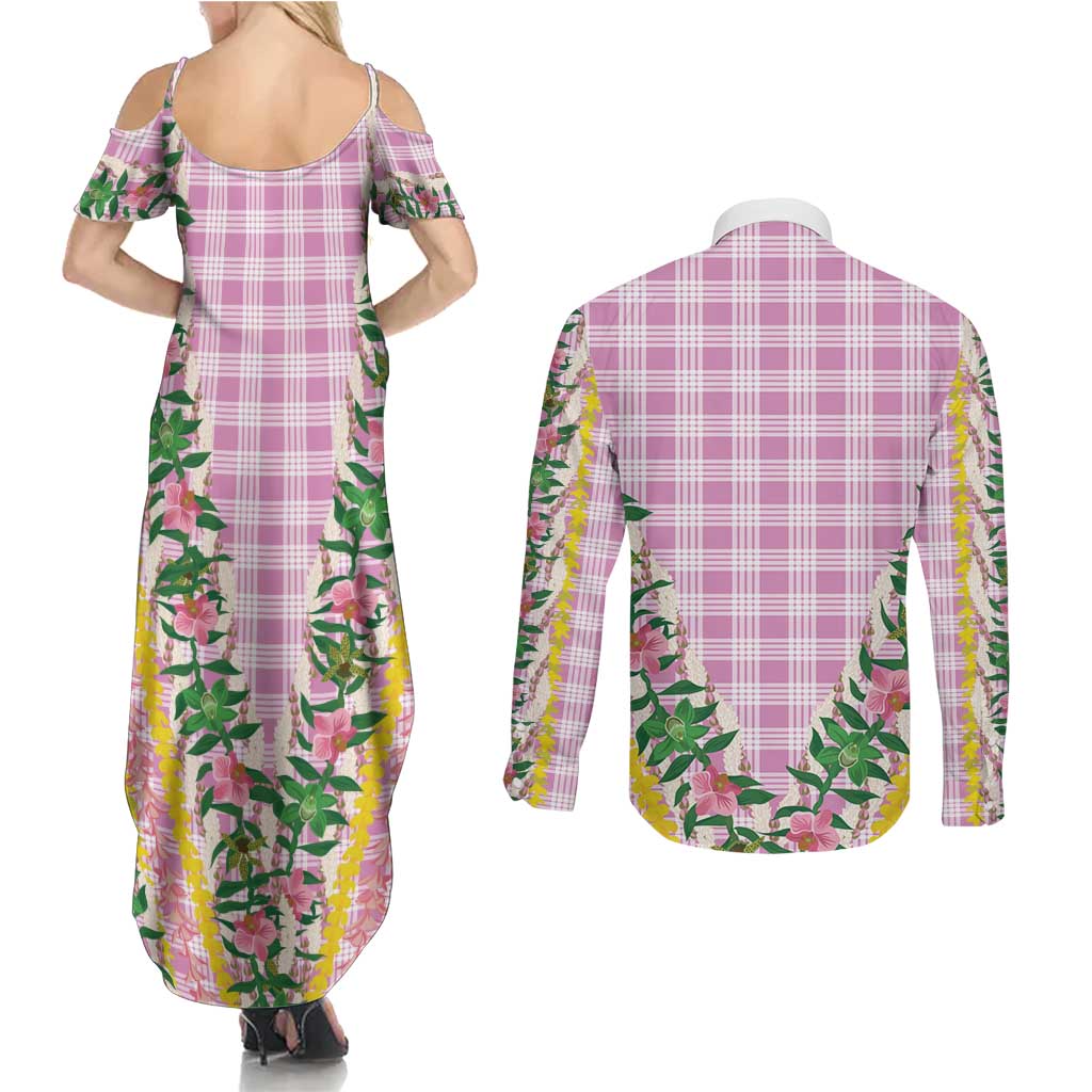 Hawaii Pikake Lokelani Plumeria Lei Couples Matching Summer Maxi Dress and Long Sleeve Button Shirt Pink Palaka Motifs