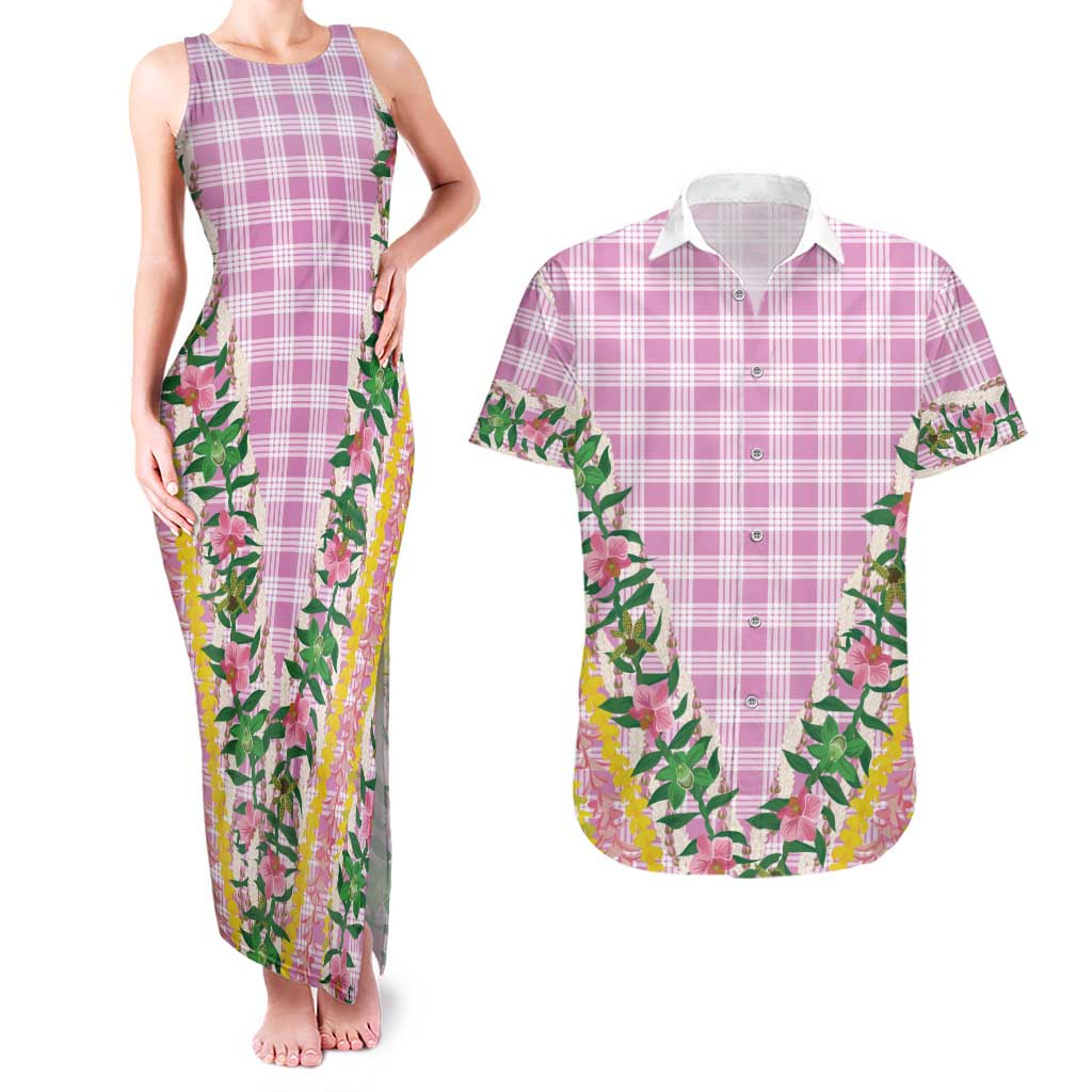 Hawaii Pikake Lokelani Plumeria Lei Couples Matching Tank Maxi Dress and Hawaiian Shirt Pink Palaka Motifs