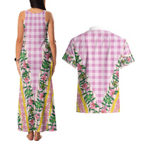 Hawaii Pikake Lokelani Plumeria Lei Couples Matching Tank Maxi Dress and Hawaiian Shirt Pink Palaka Motifs