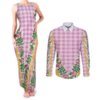 Hawaii Pikake Lokelani Plumeria Lei Couples Matching Tank Maxi Dress and Long Sleeve Button Shirt Pink Palaka Motifs