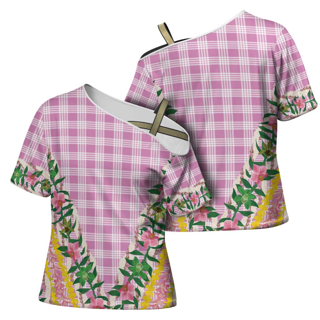 Hawaii Pikake Lokelani Plumeria Lei Cross Shoulder Shirt Pink Palaka Motifs