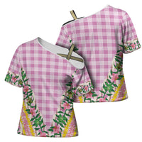 Hawaii Pikake Lokelani Plumeria Lei Cross Shoulder Shirt Pink Palaka Motifs