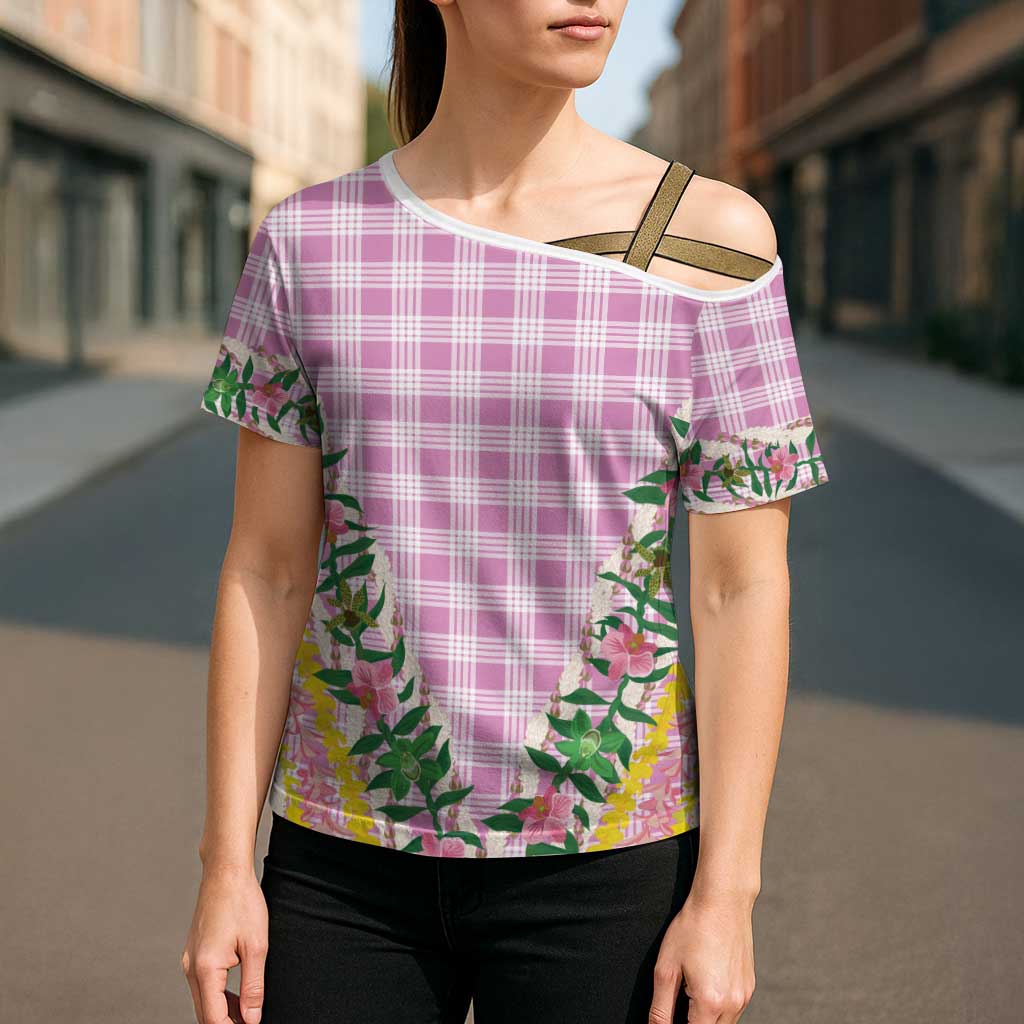 Hawaii Pikake Lokelani Plumeria Lei Cross Shoulder Shirt Pink Palaka Motifs