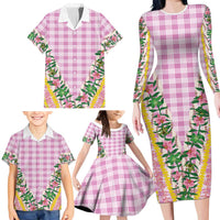 Hawaii Pikake Lokelani Plumeria Lei Family Matching Long Sleeve Bodycon Dress and Hawaiian Shirt Pink Palaka Motifs