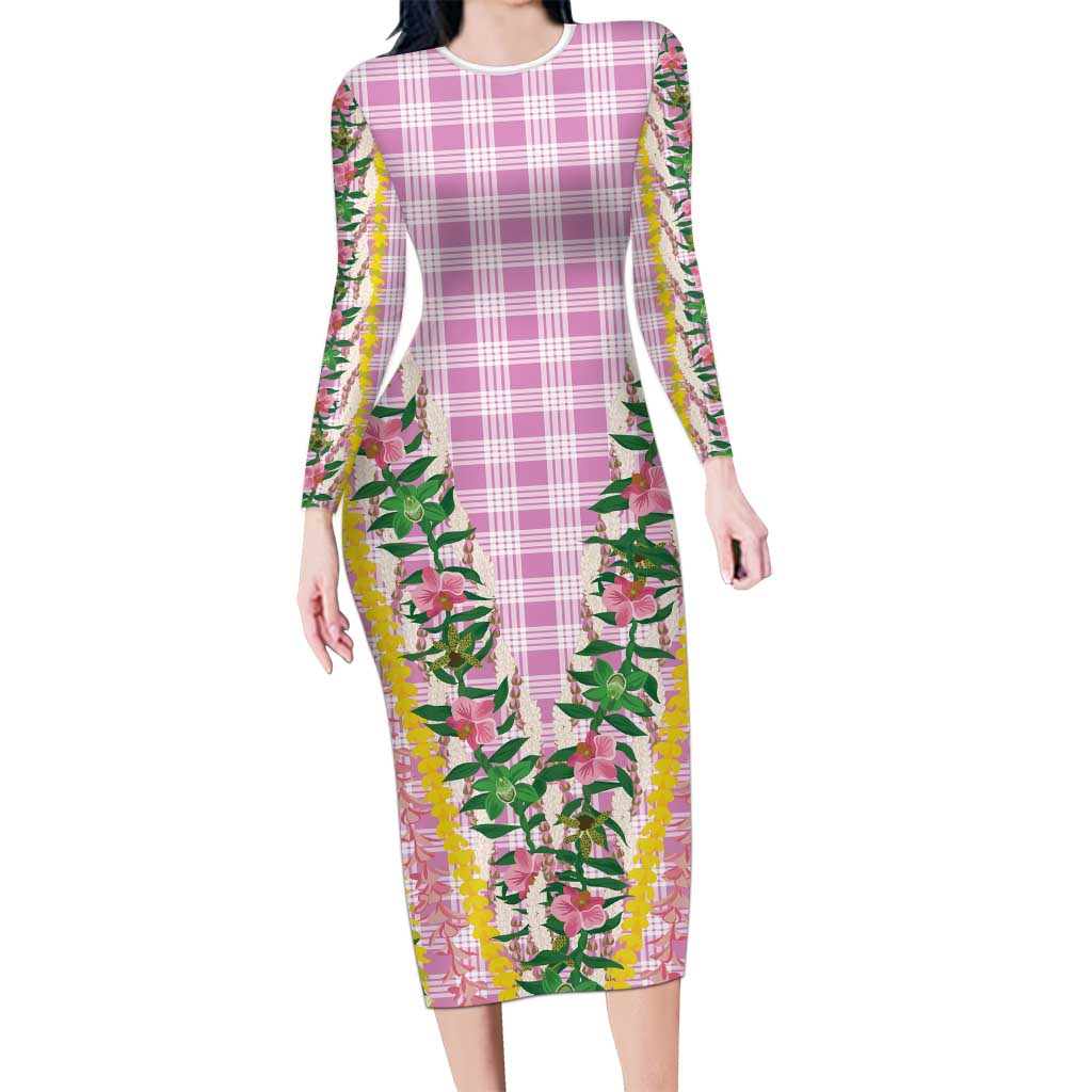 Hawaii Pikake Lokelani Plumeria Lei Family Matching Long Sleeve Bodycon Dress and Hawaiian Shirt Pink Palaka Motifs