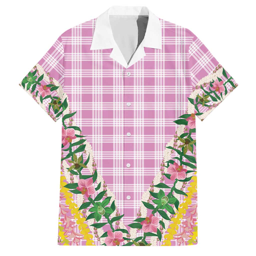 Hawaii Pikake Lokelani Plumeria Lei Family Matching Mermaid Dress and Hawaiian Shirt Pink Palaka Motifs