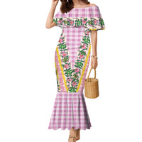 Hawaii Pikake Lokelani Plumeria Lei Family Matching Mermaid Dress and Hawaiian Shirt Pink Palaka Motifs