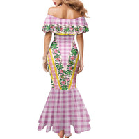 Hawaii Pikake Lokelani Plumeria Lei Family Matching Mermaid Dress and Hawaiian Shirt Pink Palaka Motifs