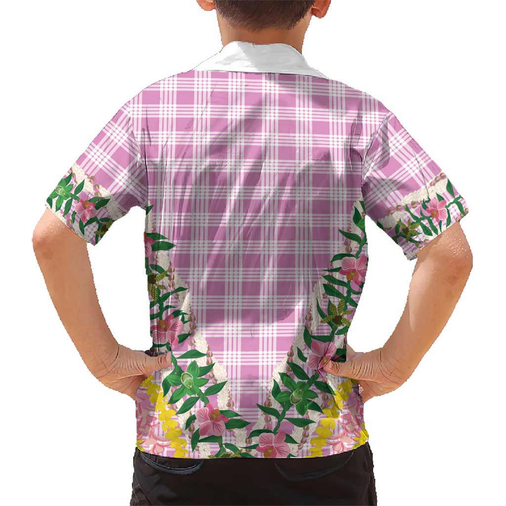 Hawaii Pikake Lokelani Plumeria Lei Family Matching Off The Shoulder Long Sleeve Dress and Hawaiian Shirt Pink Palaka Motifs