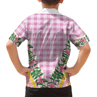 Hawaii Pikake Lokelani Plumeria Lei Family Matching Off The Shoulder Long Sleeve Dress and Hawaiian Shirt Pink Palaka Motifs