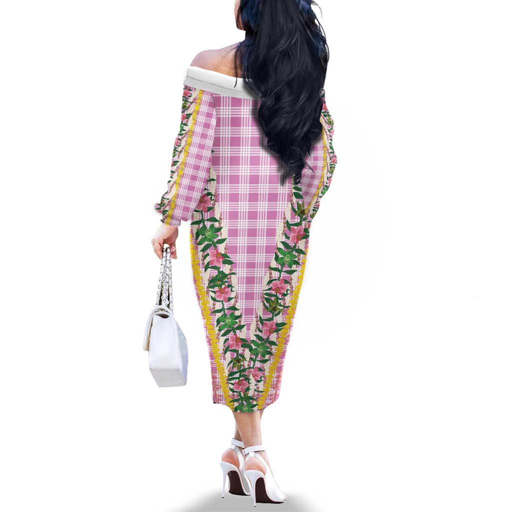 Hawaii Pikake Lokelani Plumeria Lei Family Matching Off The Shoulder Long Sleeve Dress and Hawaiian Shirt Pink Palaka Motifs