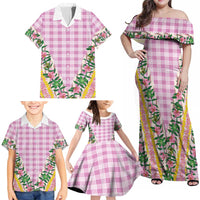 Hawaii Pikake Lokelani Plumeria Lei Family Matching Off Shoulder Maxi Dress and Hawaiian Shirt Pink Palaka Motifs