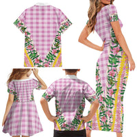 Hawaii Pikake Lokelani Plumeria Lei Family Matching Short Sleeve Bodycon Dress and Hawaiian Shirt Pink Palaka Motifs