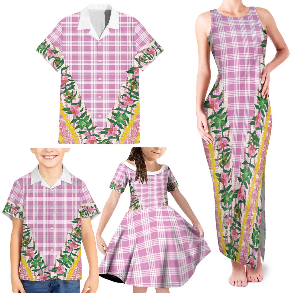 Hawaii Pikake Lokelani Plumeria Lei Family Matching Tank Maxi Dress and Hawaiian Shirt Pink Palaka Motifs
