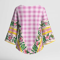 Hawaii Pikake Lokelani Plumeria Lei Kimono Sleeve Blouse Pink Palaka Motifs