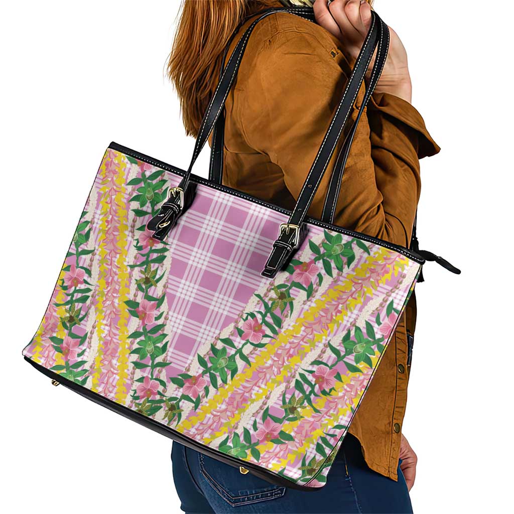 Hawaii Pikake Lokelani Plumeria Lei Leather Tote Bag Pink Palaka Motifs