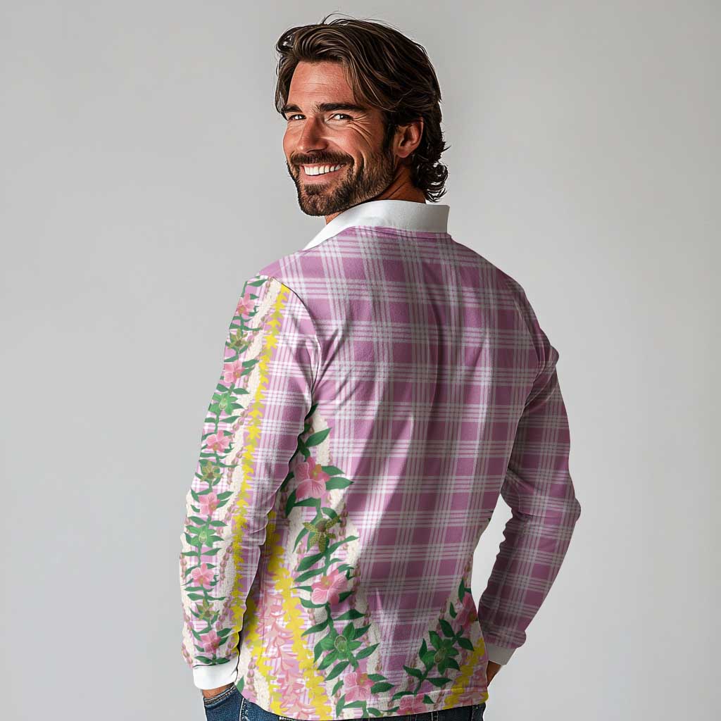 Hawaii Pikake Lokelani Plumeria Lei Long Sleeve Polo Shirt Pink Palaka Motifs