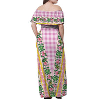 Hawaii Pikake Lokelani Plumeria Lei Off Shoulder Maxi Dress Pink Palaka Motifs