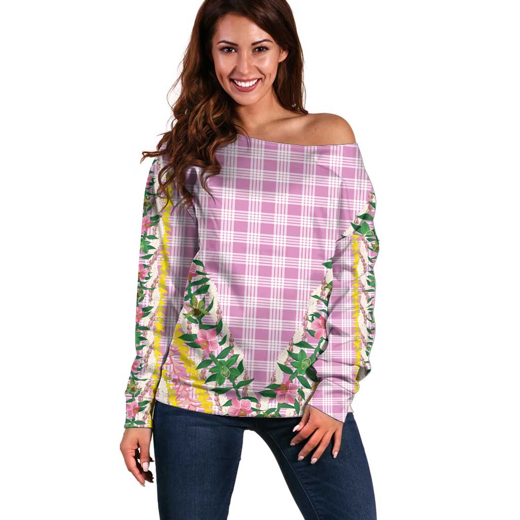 Hawaii Pikake Lokelani Plumeria Lei Off Shoulder Sweater Pink Palaka Motifs LT05 Women Pink - Polynesian Pride
