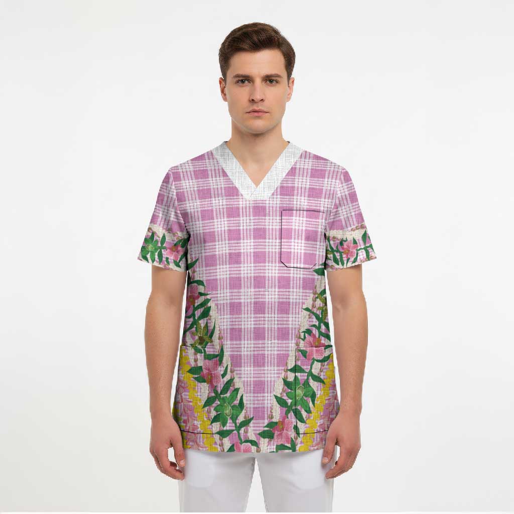 Hawaii Pikake Lokelani Plumeria Lei Scrub Top Pink Palaka Motifs