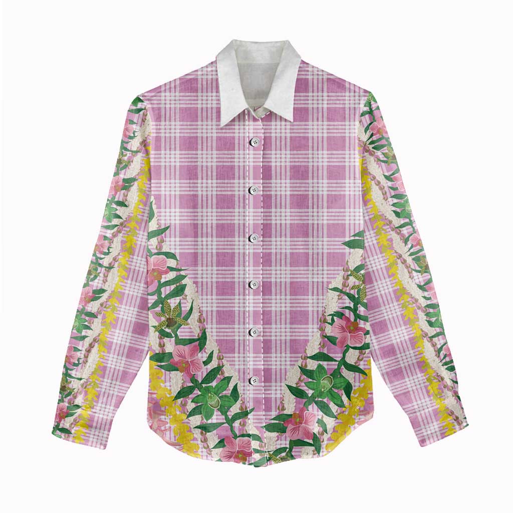 Hawaii Pikake Lokelani Plumeria Lei Women Casual Shirt Pink Palaka Motifs