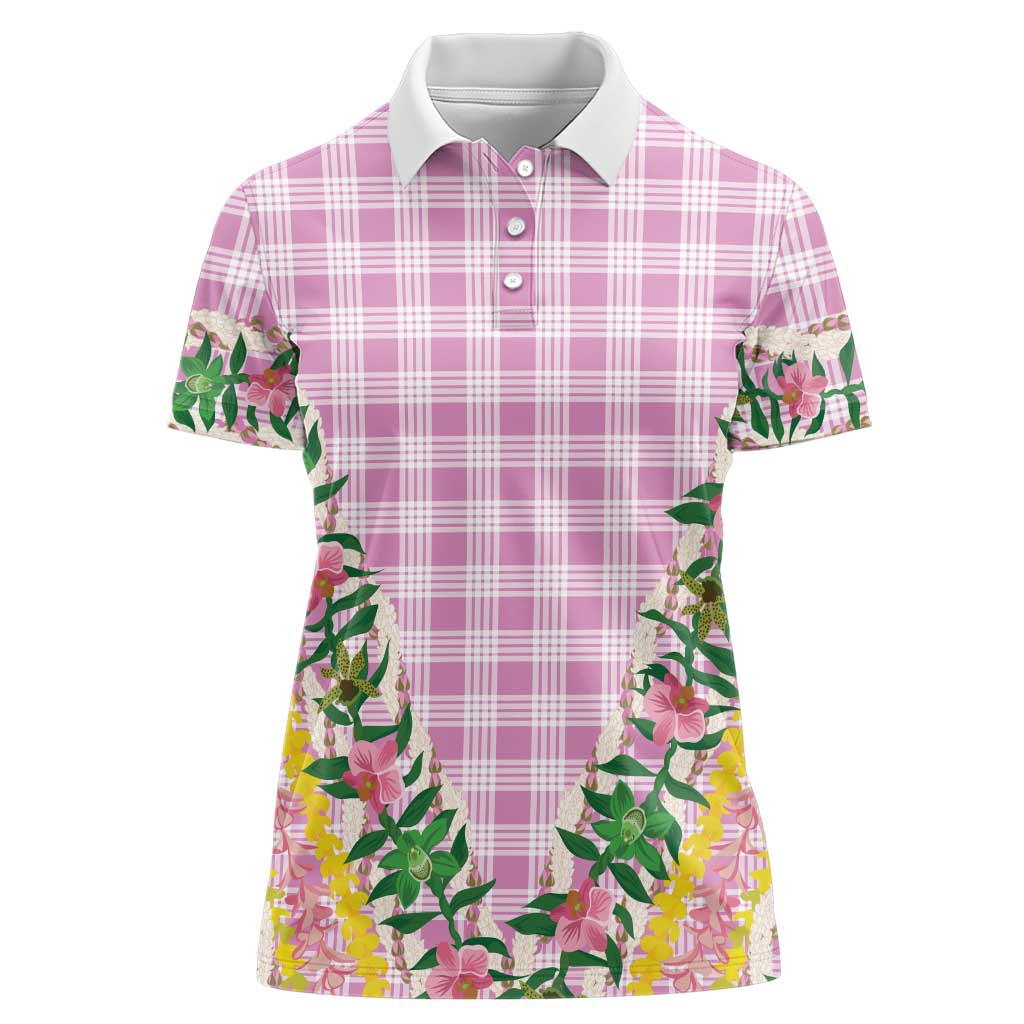 Hawaii Pikake Lokelani Plumeria Lei Women Polo Shirt Pink Palaka Motifs