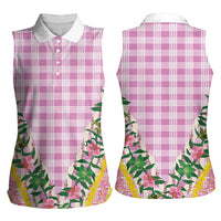 Hawaii Pikake Lokelani Plumeria Lei Women Sleeveless Polo Shirt Pink Palaka Motifs