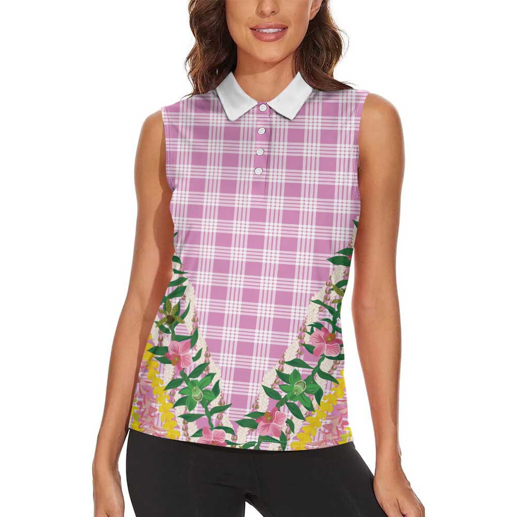 Hawaii Pikake Lokelani Plumeria Lei Women Sleeveless Polo Shirt Pink Palaka Motifs