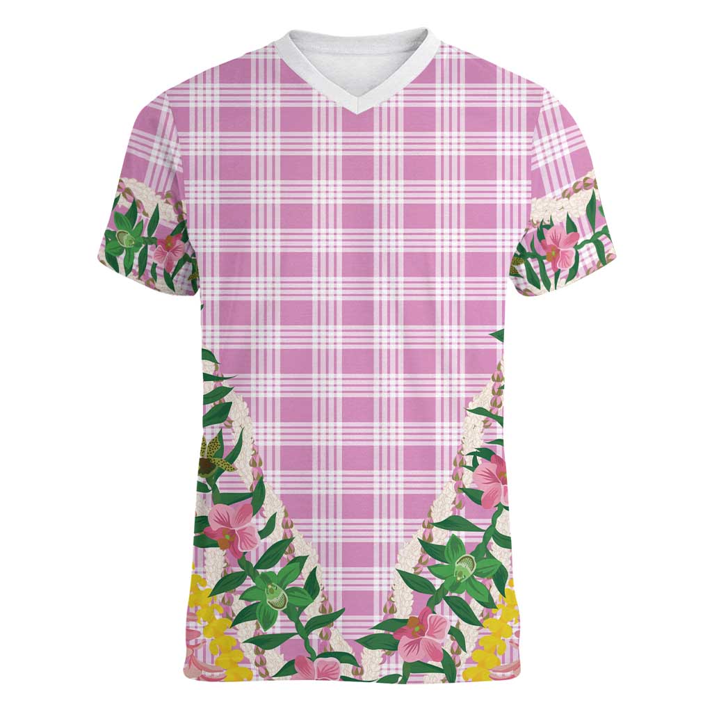 Hawaii Pikake Lokelani Plumeria Lei Women V-Neck T-Shirt Pink Palaka Motifs