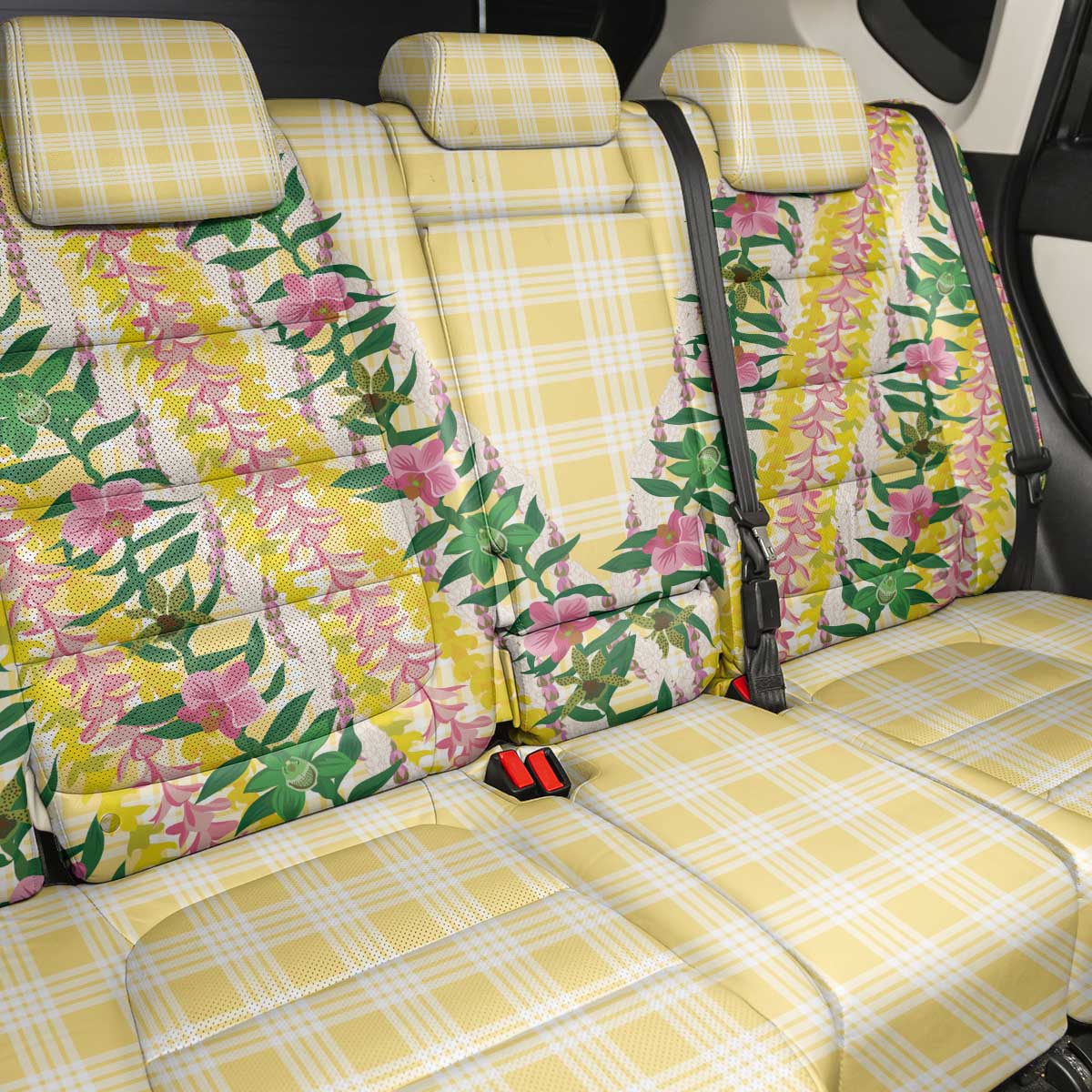 Hawaii Pikake Lokelani Plumeria Lei Back Car Seat Cover Yellow Palaka Motifs LT05 - Polynesian Pride
