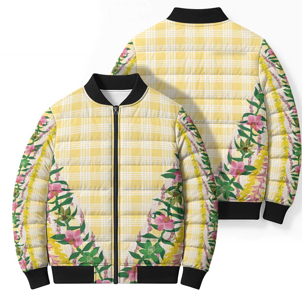 Hawaii Pikake Lokelani Plumeria Lei Bomber Puffer Jacket Yellow Palaka Motifs