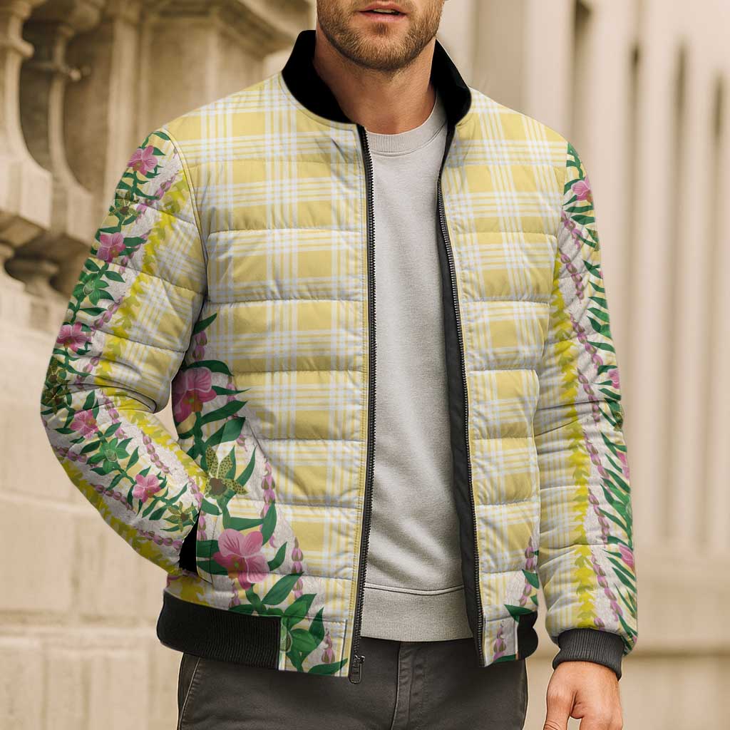 Hawaii Pikake Lokelani Plumeria Lei Bomber Puffer Jacket Yellow Palaka Motifs