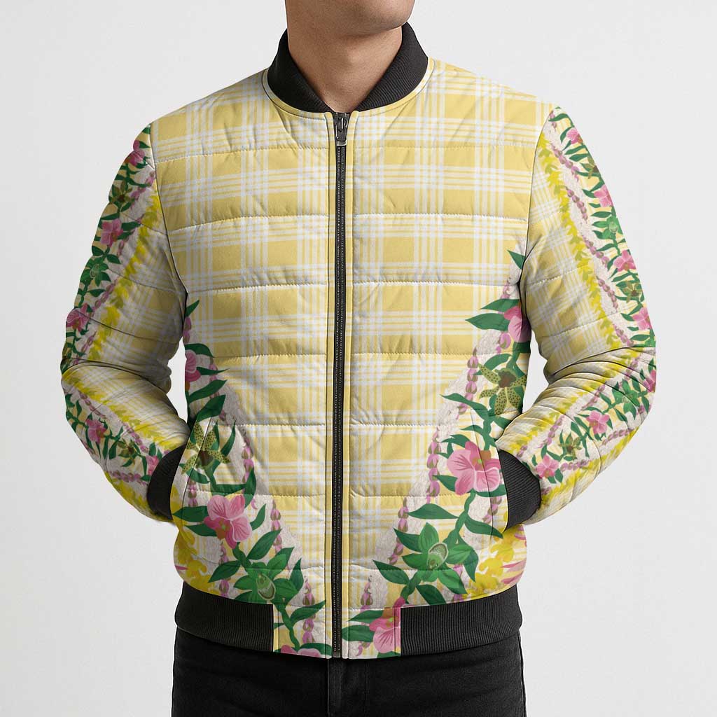 Hawaii Pikake Lokelani Plumeria Lei Bomber Puffer Jacket Yellow Palaka Motifs