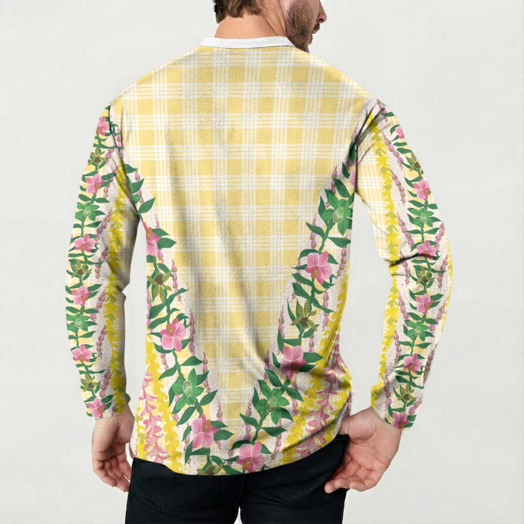 Hawaii Pikake Lokelani Plumeria Lei Button Sweatshirt Yellow Palaka Motifs