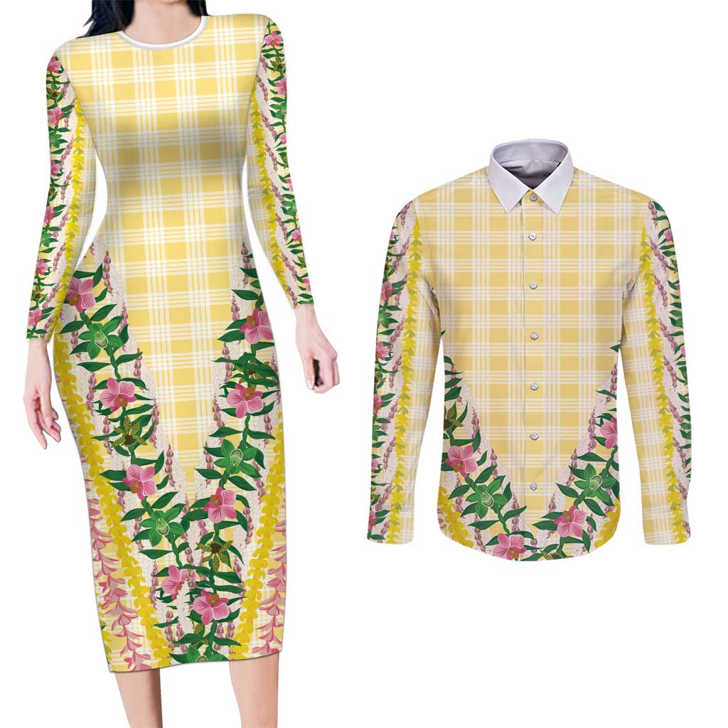Hawaii Pikake Lokelani Plumeria Lei Couples Matching Long Sleeve Bodycon Dress and Long Sleeve Button Shirt Yellow Palaka Motifs